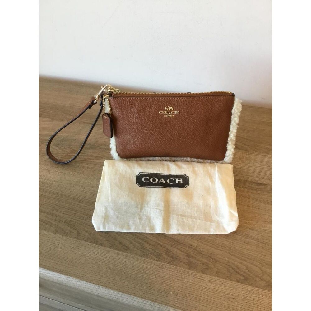 Coach Leather Wristlet Clutch with Shearling Trim - Hangtag and Coach Dustbag
